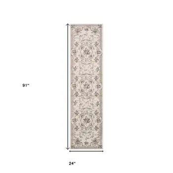 8' Ivory And Green Floral Runner Rug