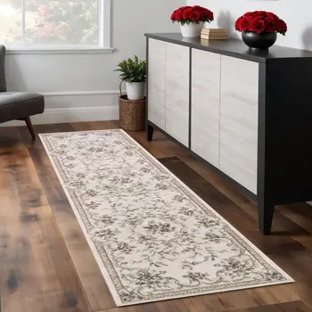 8' Ivory And Green Floral Runner Rug
