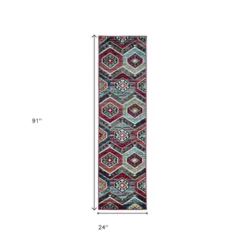 7' Red And Blue Geometric Runner Rug