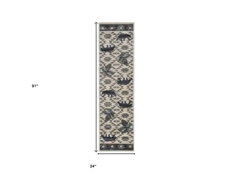 7' Ivory And Blue Abstract Runner Rug