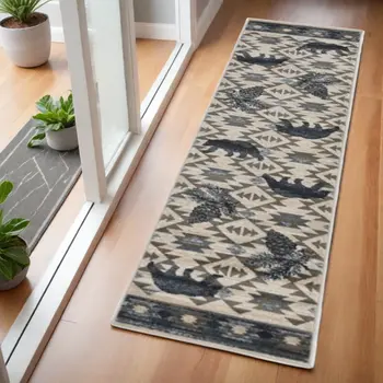7' Ivory And Blue Abstract Runner Rug
