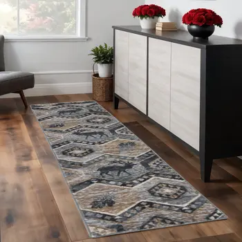 8' Blue And White Geometric Runner Rug