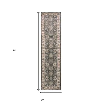 8' Gray And Ivory Floral Runner Rug