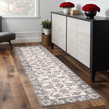 8' Gray And Ivory Runner Rug