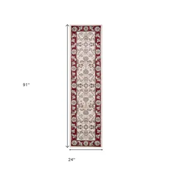 8' Ivory And Red Floral Runner Rug