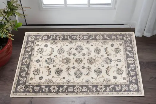 3' X 5' Gray and Ivory Floral Area Rug
