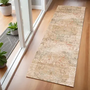 7' Beige Damask Runner Rug