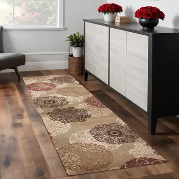 8' Sand And Beige Geometric Runner Rug