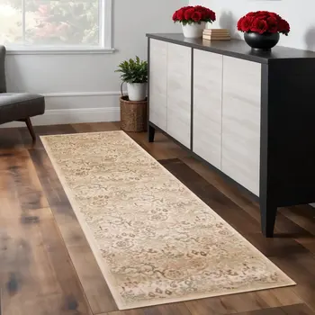 7' Ivory Floral Runner Rug
