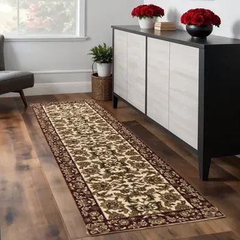 8' Red And Ivory Floral Runner Rug