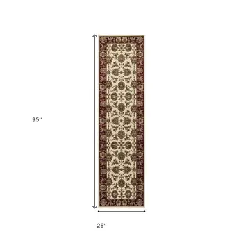 8' Red And Ivory Floral Medallion Runner Rug