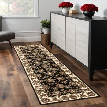 8' Black And Ivory Floral Runner Rug