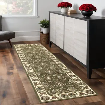 8' Green And Ivory Floral Runner Rug