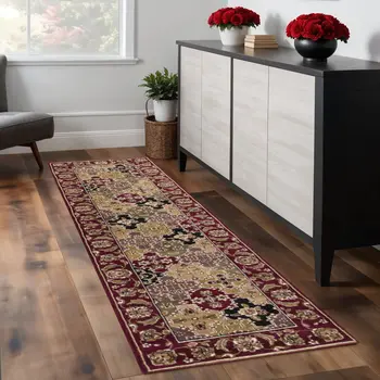 8' Red Orange And Black Floral Runner Rug