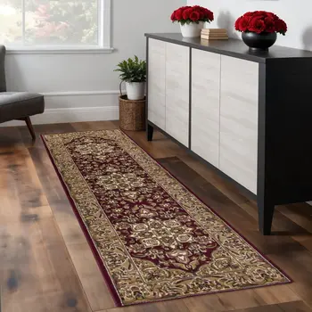 8' Red And Beige Floral Medallion Runner Rug