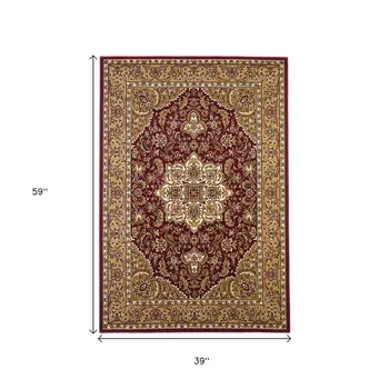 3' X 5' Red And Beige Floral Medallion Area Rug