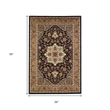 3' X 5' Black And Beige Floral Medallion Area Rug