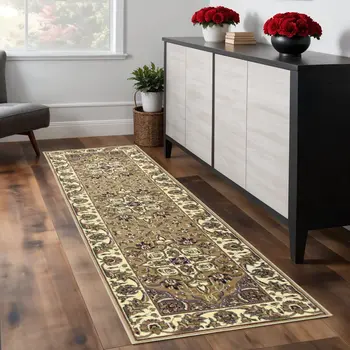 8' Beige And Ivory Floral Runner Rug