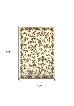 3' X 5' Ivory And Green Floral Vines Area Rug