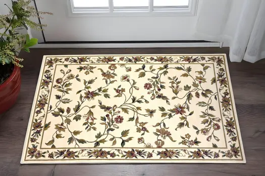 3' X 5' Ivory And Green Floral Vines Area Rug