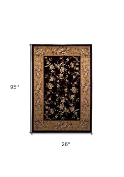 8' Beige And Black Floral Vines Runner Rug