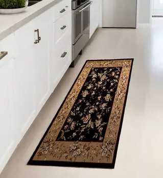 8' Beige And Black Floral Vines Runner Rug
