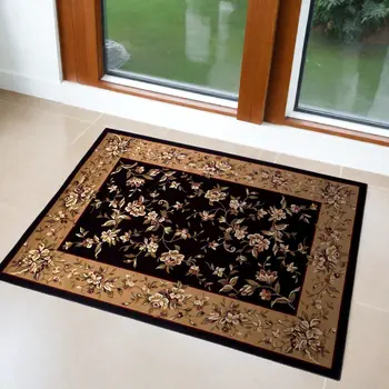 3' X 5' Black And Beige Floral Vines Area Rug