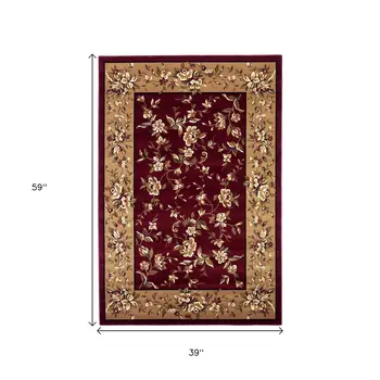 3' X 5' Red And Beige Floral Area Rug