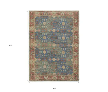 3' X 5' Blue and Beige Floral Hand Woven Area Rug