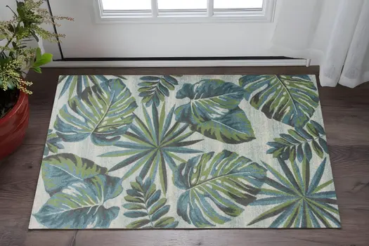 3' X 5' Teal and Ivory Tropical Floral Area Rug