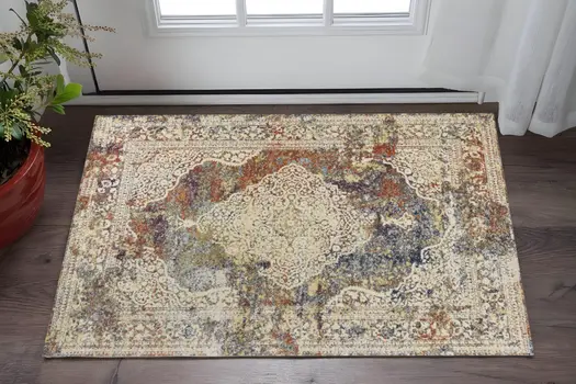 3' X 5' Ivory and Blue Oriental Area Rug