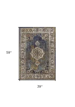 3' X 5' Navy Blue Medallion Area Rug