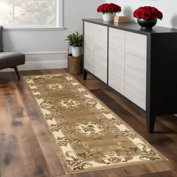 8' Beige And Ivory Medallion Runner Rug