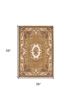 3' X 5' Beige And Ivory Floral Medallion Area Rug