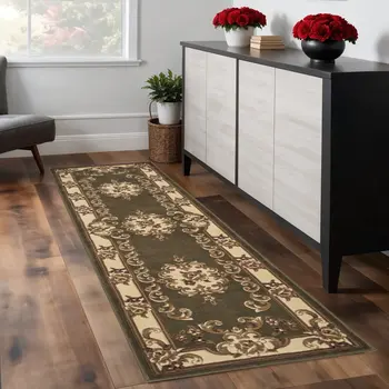 8' Green and Ivory Medallion Runner Rug