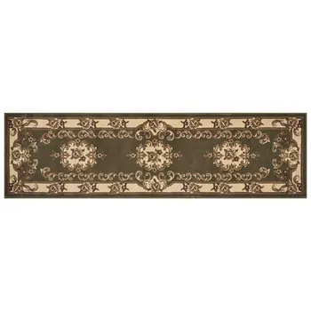 8' Green and Ivory Medallion Runner Rug