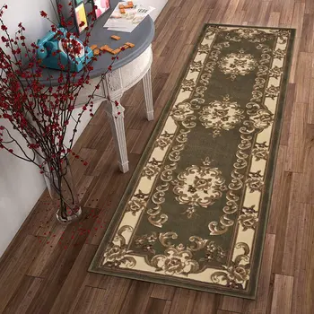 8' Green and Ivory Medallion Runner Rug
