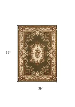 3' X 5' Green And Ivory Floral Medallion Area Rug
