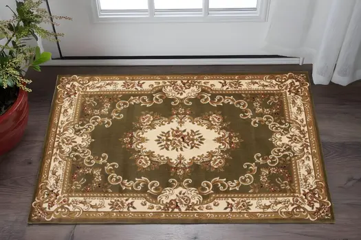 3' X 5' Green And Ivory Floral Medallion Area Rug