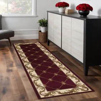 2' X 8' Red Fleur De Lis Runner Rug