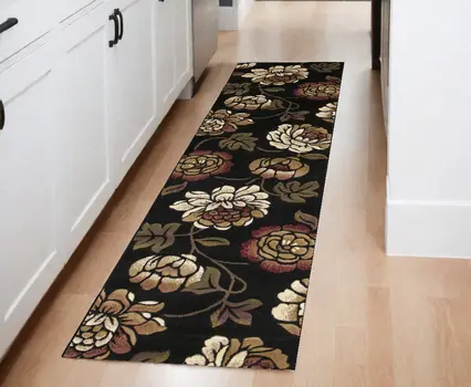8' Black Floral Vines Runner Rug