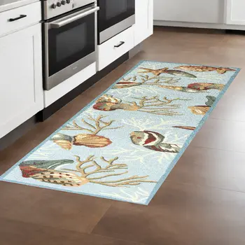 8' Blue Seashell and Coral Hand Tufted Runner Rug