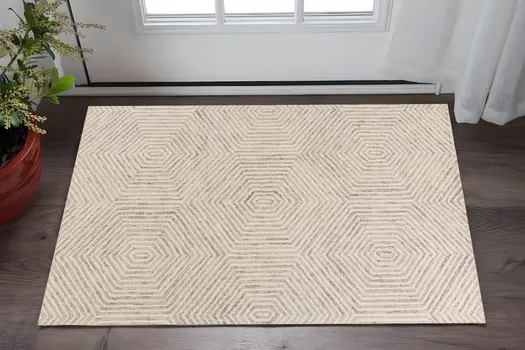 3' X 5' Ivory Geometric Hexagon Wool Area Rug