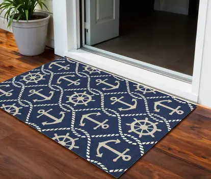 3' X 5' Navy Blue Gold And White Nautical Handmade Indoor Outdoor Area Rug