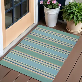 3' X 5' Blue Striped Handmade Indoor Outdoor Area Rug