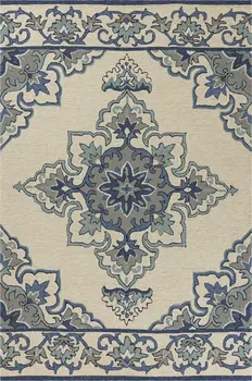 3' X 5' Ivory and Blue Damask Handmade Indoor Outdoor Area Rug