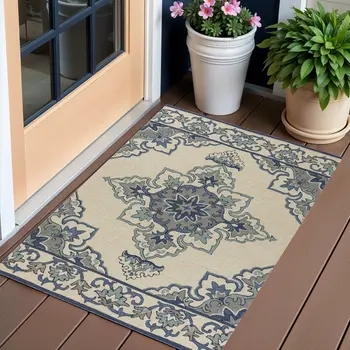 3' X 5' Ivory and Blue Damask Handmade Indoor Outdoor Area Rug