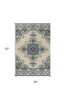 3' X 5' Ivory and Blue Damask Handmade Indoor Outdoor Area Rug