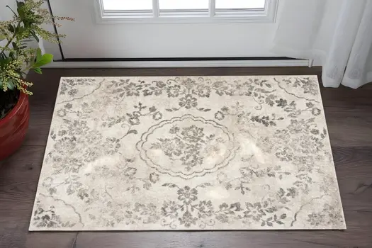 3' X 5' Gray Floral Vines Distressed Area Rug