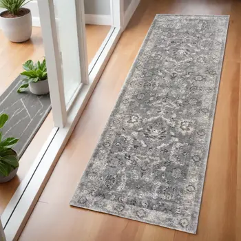 7' Gray Floral Worn Faded Runner Rug